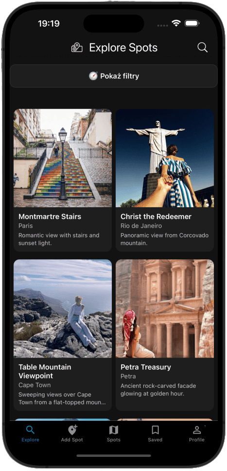 Explore list of photo spots — Explore Spots screen